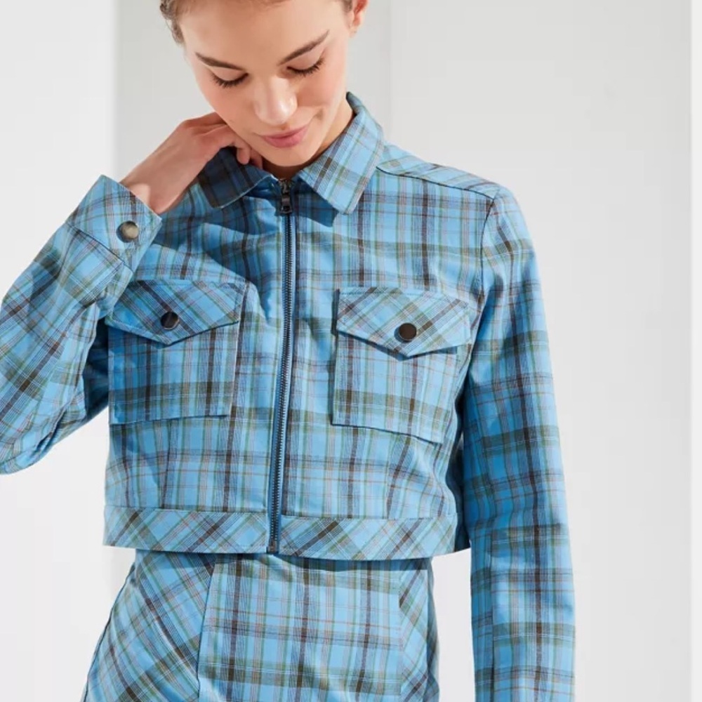 Urban Outfitters As If Plaid Blue Green Cropped Jacket Women’s Sz L